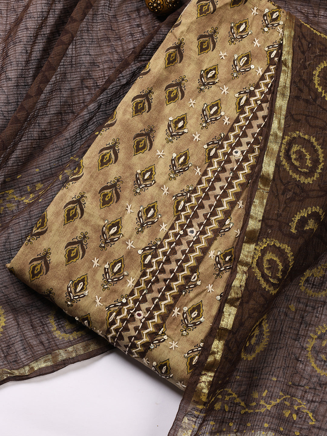 Printed Cotton Blend Unstitched Suit With Dupatta
