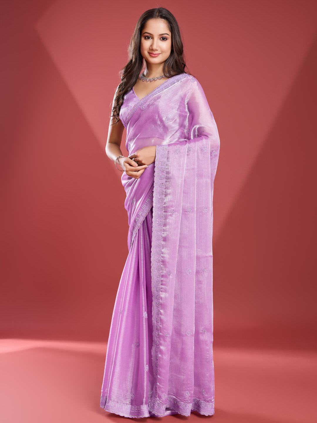 Embroidered Chinon Saree