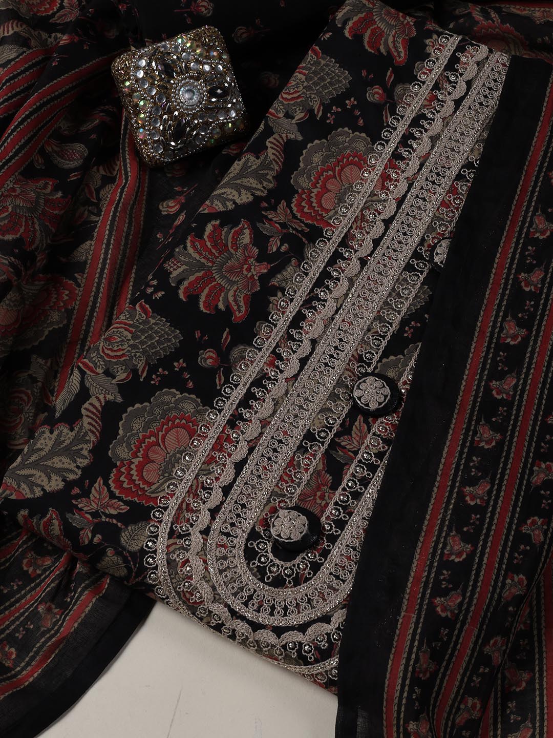 Neck Embroidered Cotton Blend Unstitched Suit Piece With Dupatta