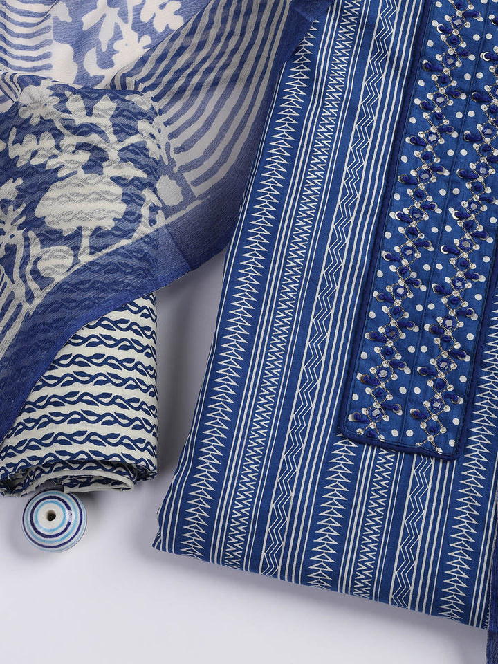 Printed Cotton Blend Unstitched Suit With Dupatta