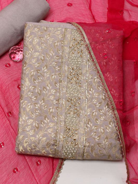 Neck Patti Chanderi Unstitched Suit With Dupatta