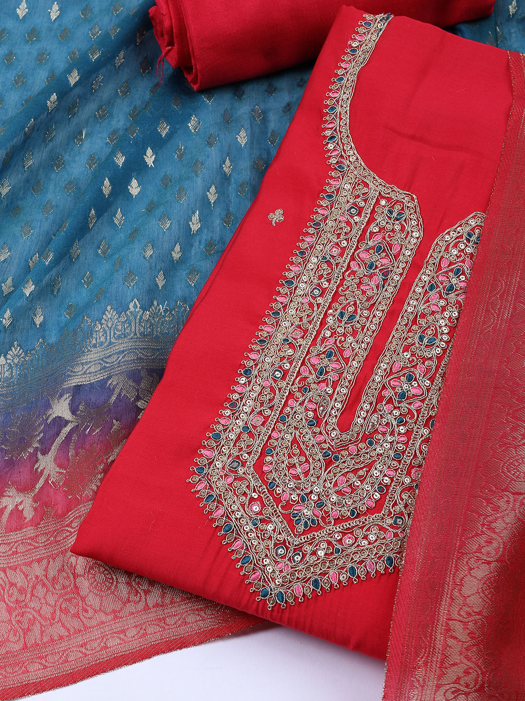Neck Embroidered Chanderi Unstitched Suit With Dupatta