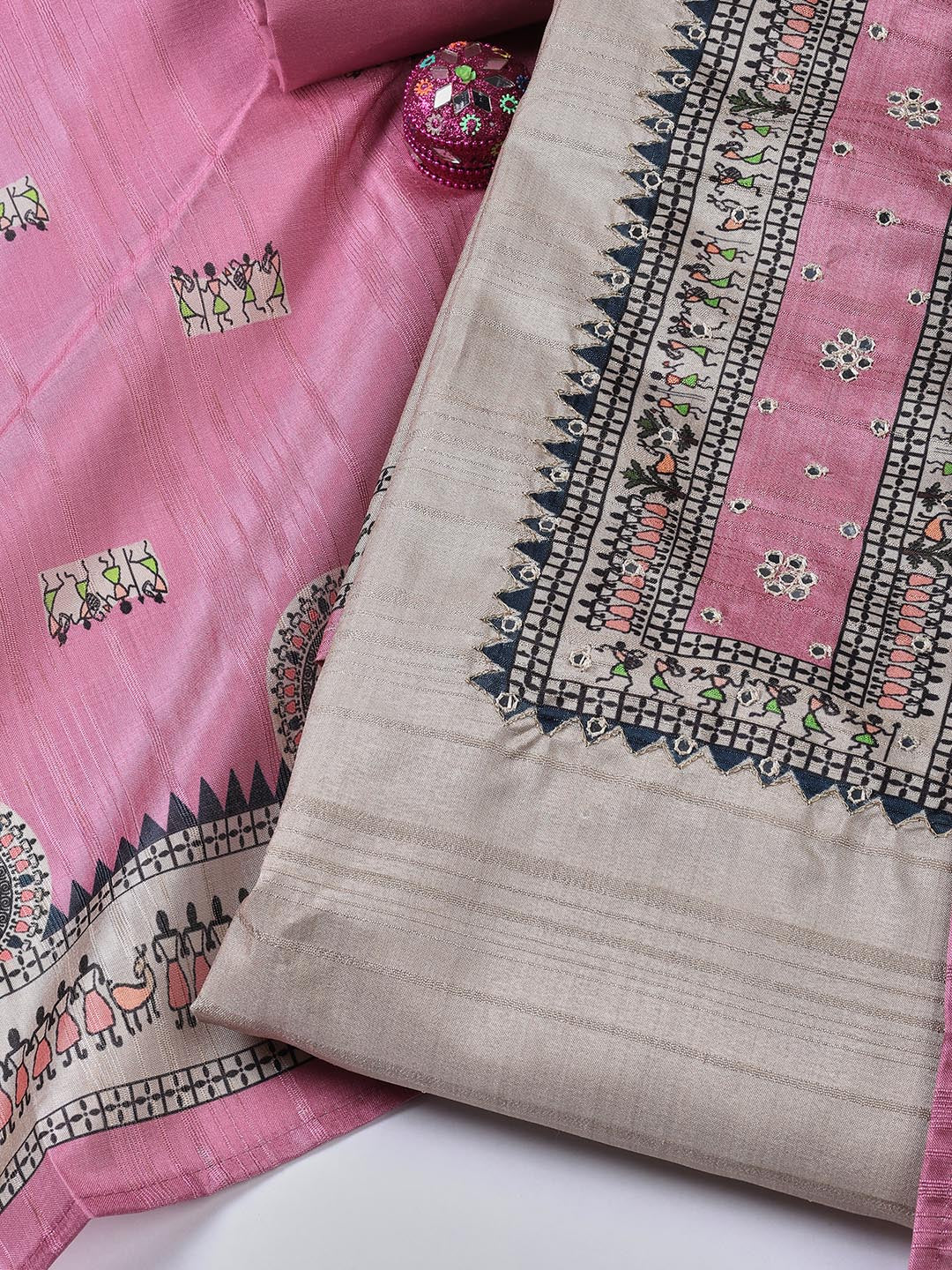 Printed Art Tussar Unstitched Suit With Dupatta