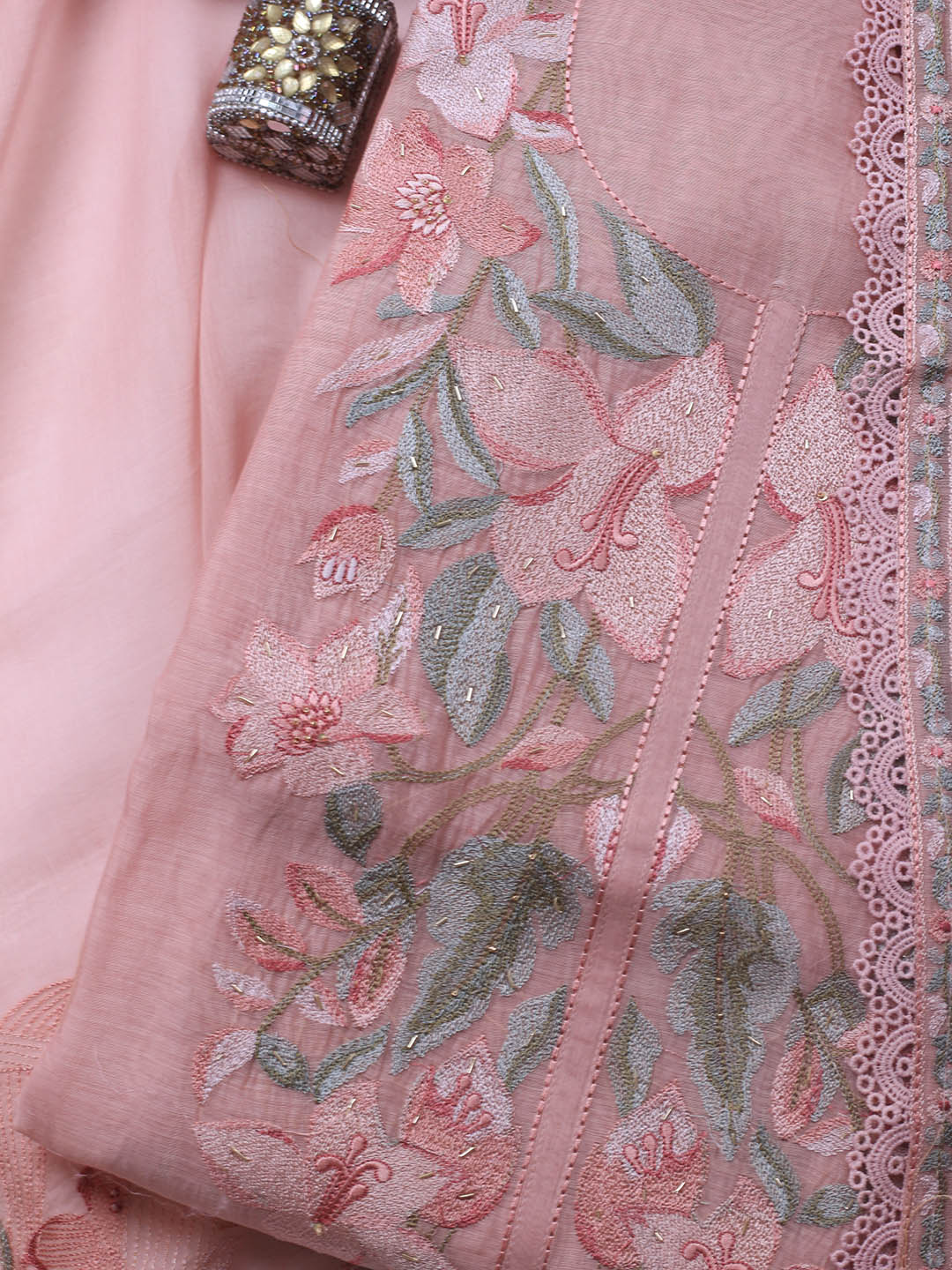 Embroidery Chanderi Unstitched Suit With Dupatta