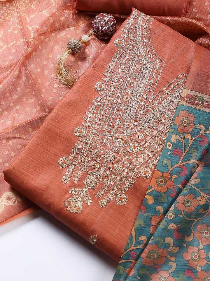 Neck Embroidered Tussar Unstitched Suit Piece With Dupatta