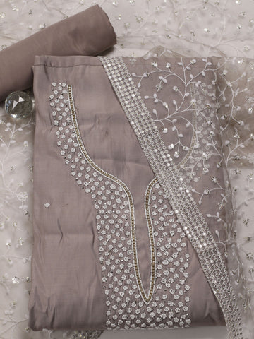 Neck Embroidered Chanderi Unstitched Suit With Dupatta