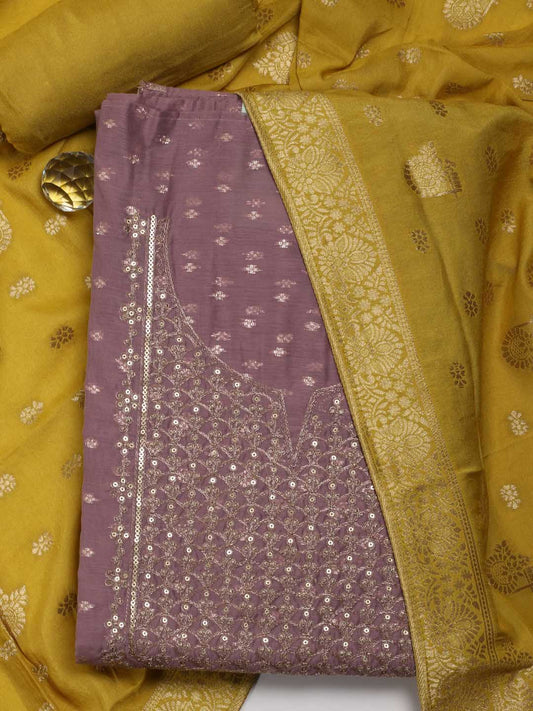 Neck Embroidered Chanderi Unstitched Suit Piece With Dupatta