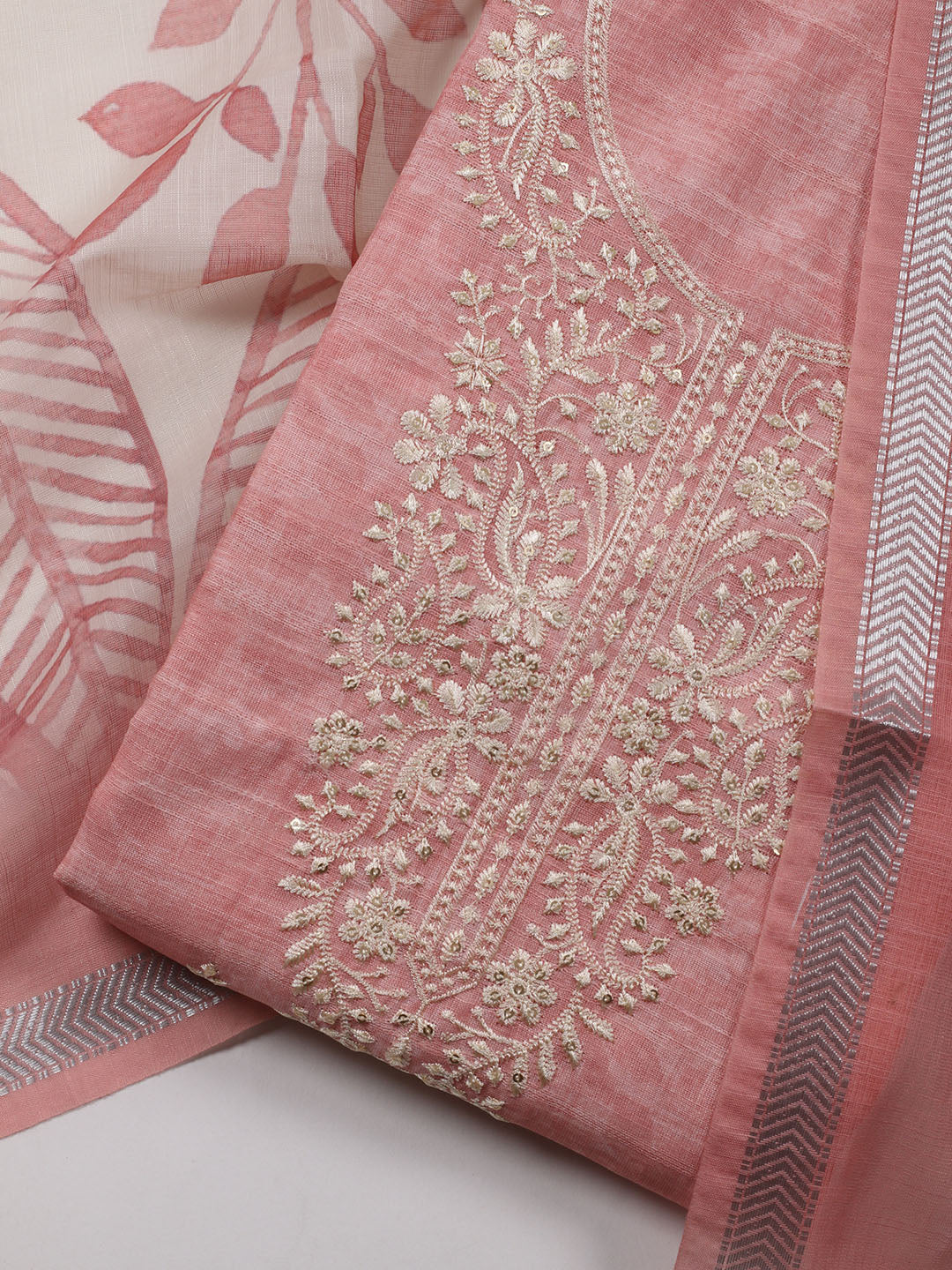 Neck Embroidered Chanderi Unstitched Suit With Dupatta