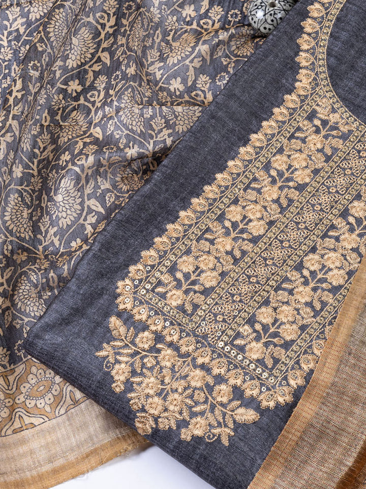 Neck Embroidered Chanderi Unstitched Suit With Dupatta