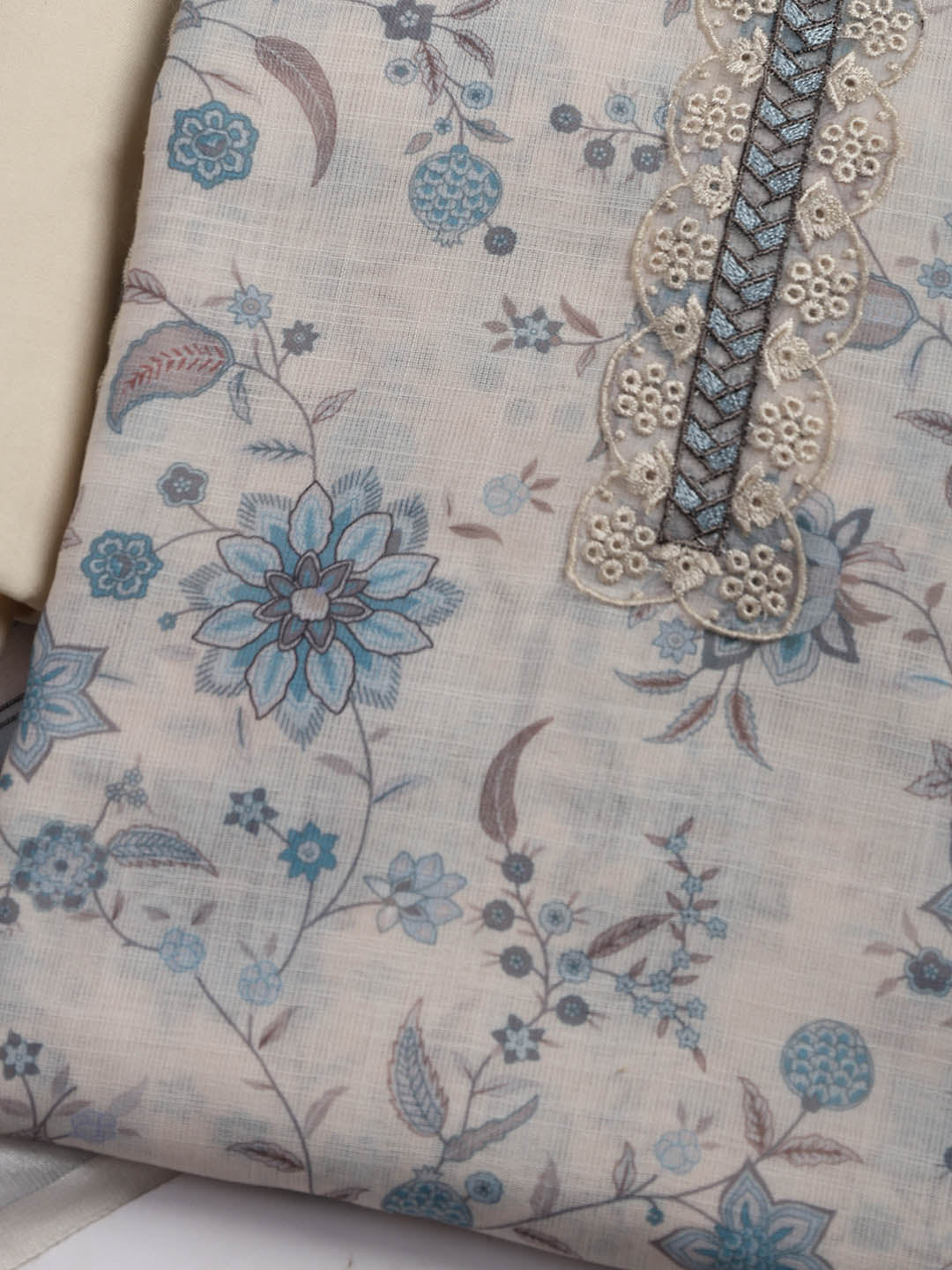 Patch Neck Linen Unstitched Suit Piece With Dupatta