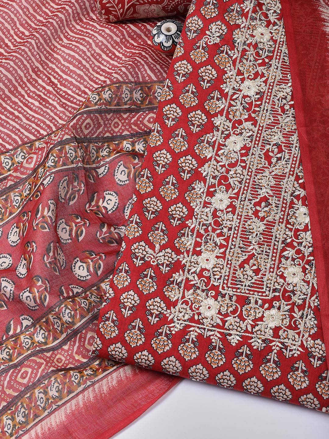 Floral Printed Cotton Unstitched Suit With Dupatta