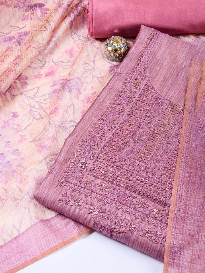 Neck Embroidered Chanderi Unstitched Suit With Dupatta