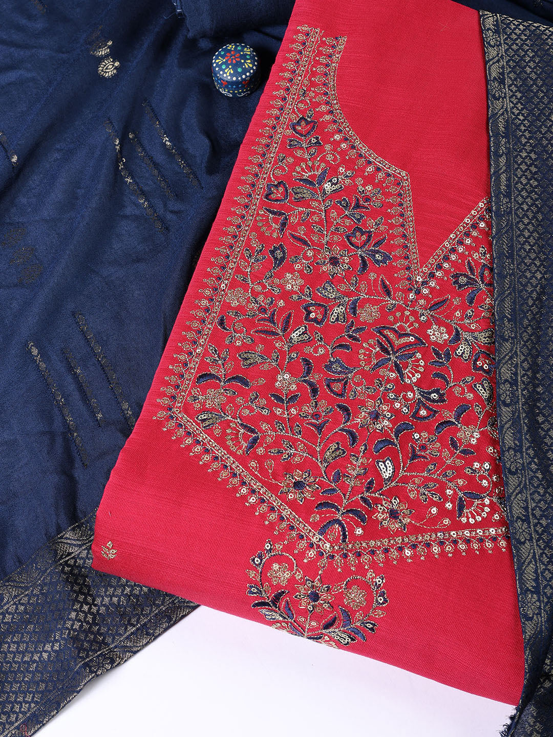 Neck Embroidered Chanderi Unstitched Suit Piece With Dupatta