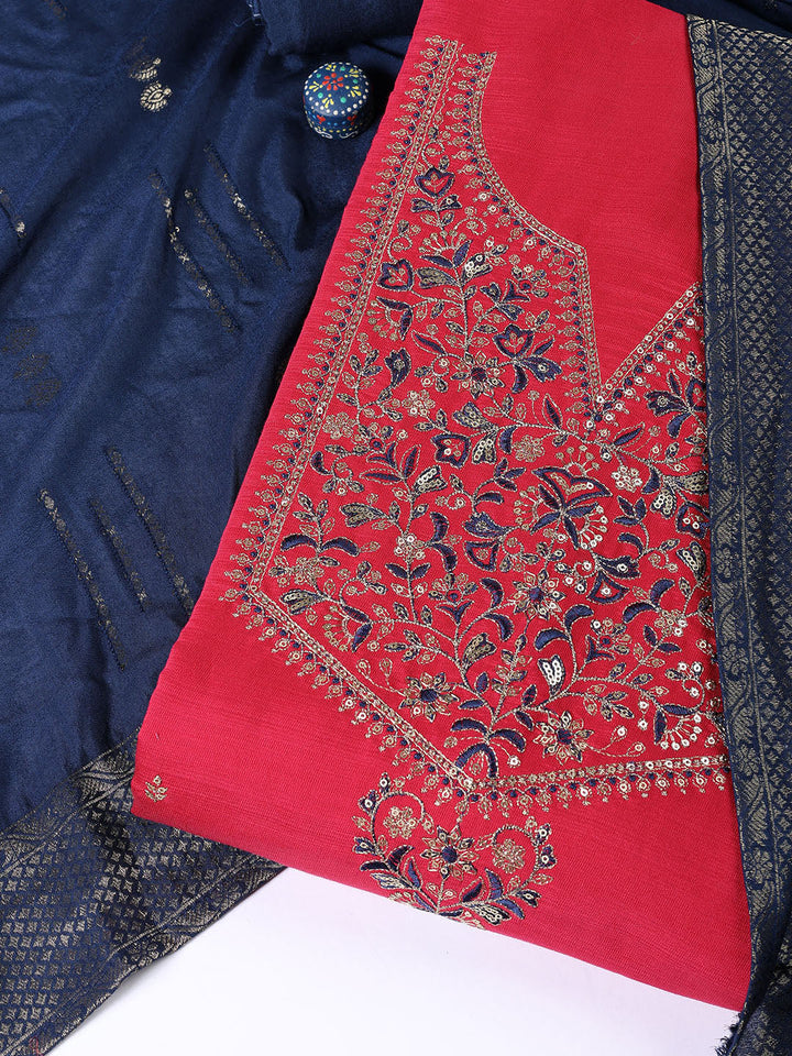Neck Embroidered Chanderi Unstitched Suit Piece With Dupatta