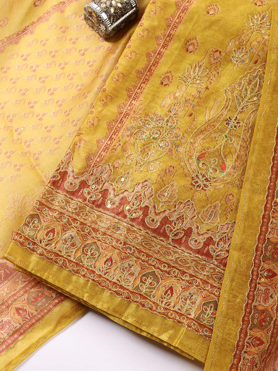 Neck Patti Chanderi Unstitched Suit With Dupatta