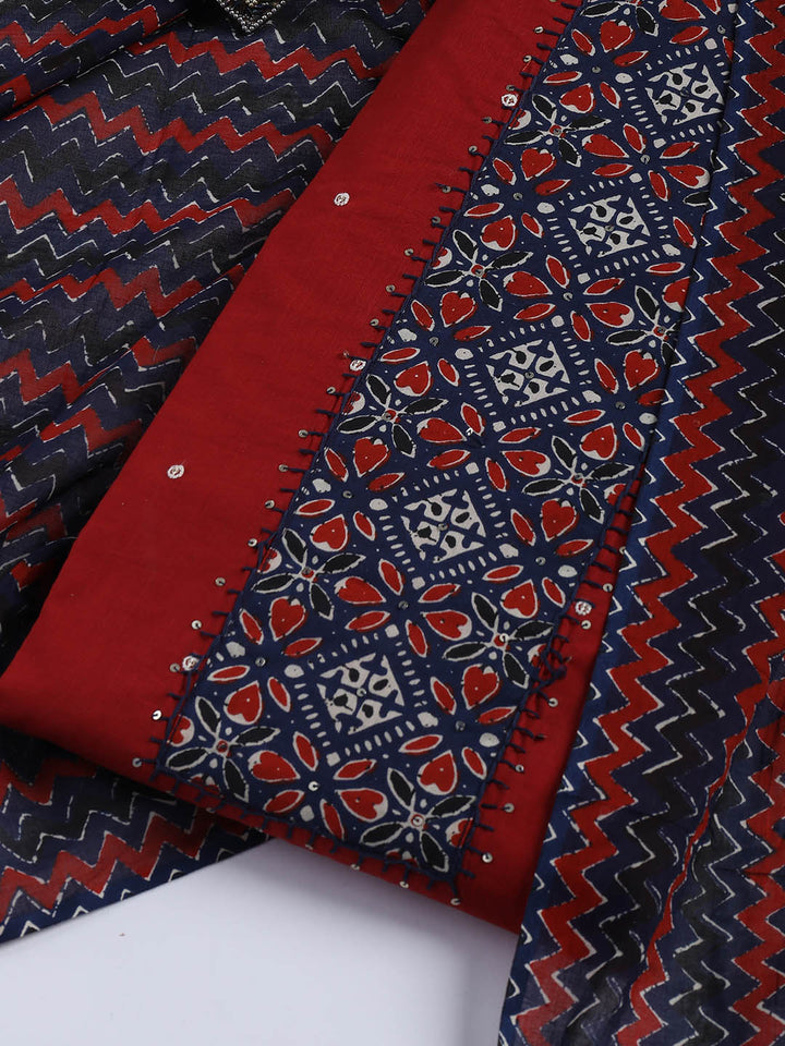 Neck Mirror Work Cotton Blend Unstitched Suit With Dupatta