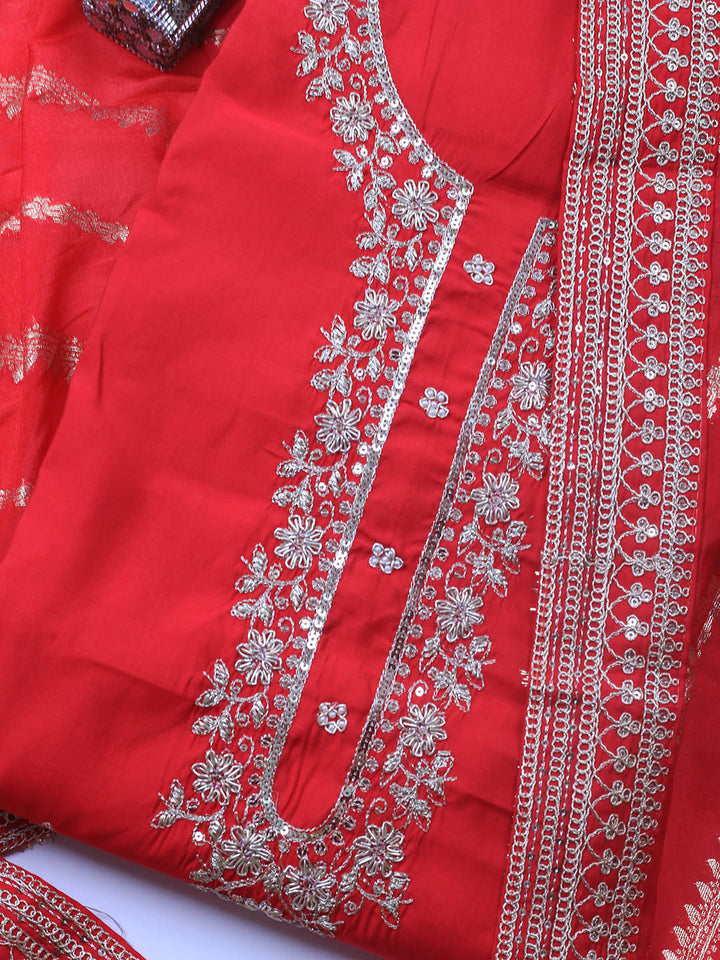 Neck Embroidery Chanderi Unstitched Suit With Dupatta