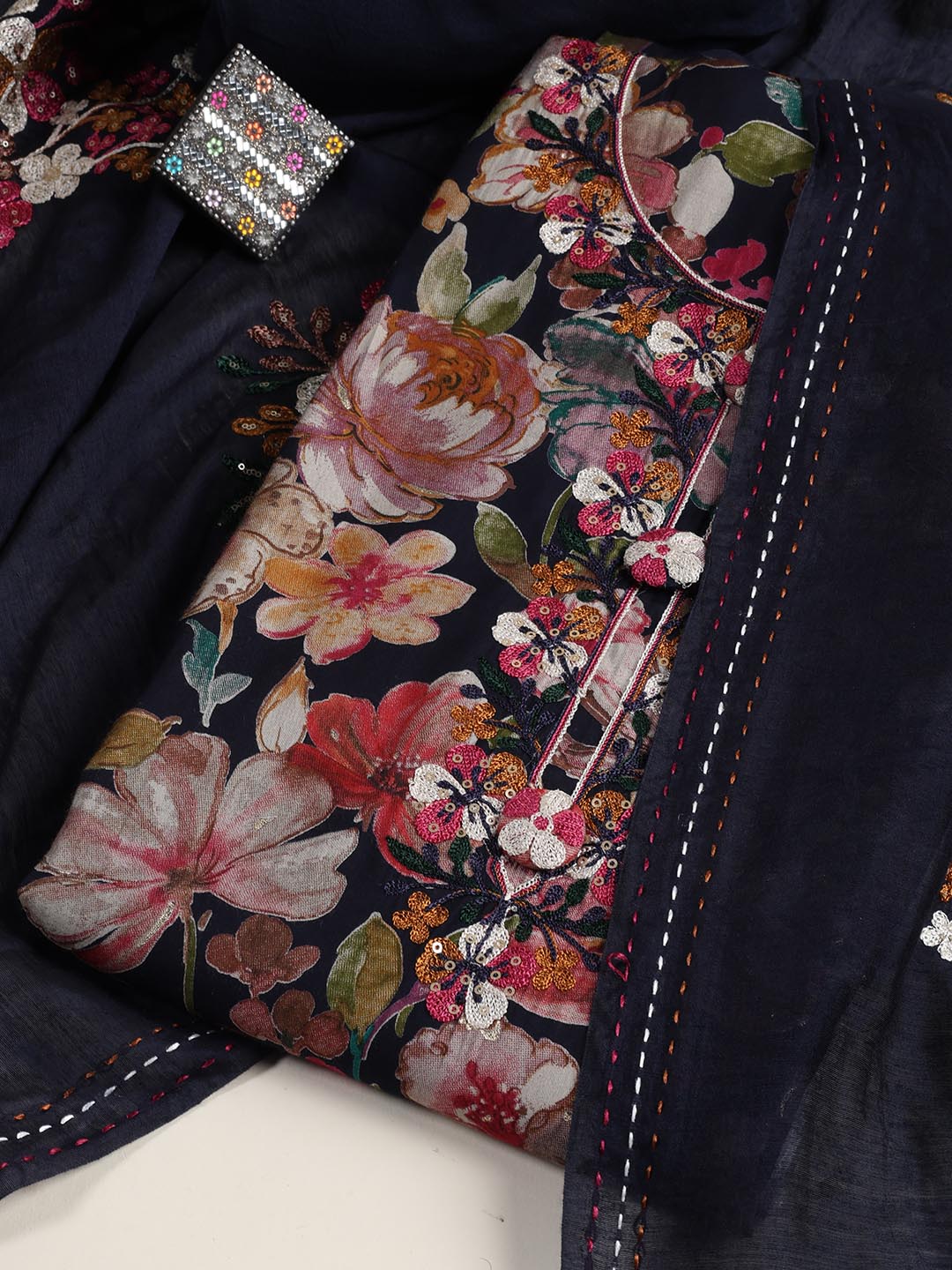 Neck Embroidered Cotton Blend Unstitched Suit Piece With Dupatta