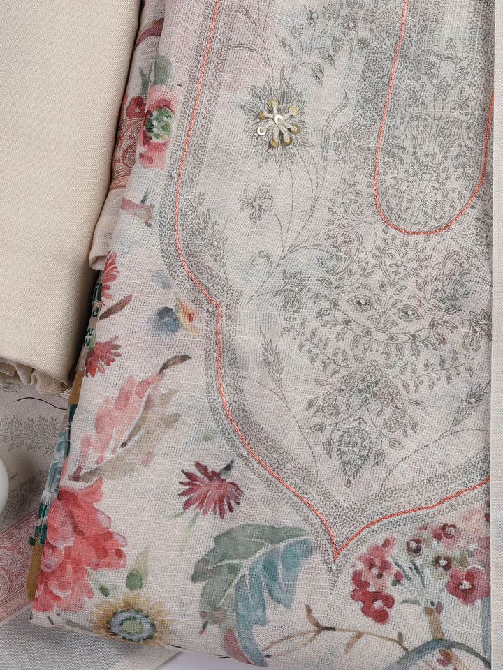 Floral Printed Linen Unstitched Suit Piece With Dupatta
