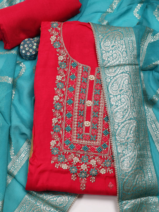 Neck Embroidered Organza Unstitched Suit Piece With Dupatta