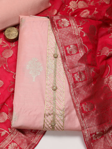 Neck Patti Chanderi Unstitched Suit With Dupatta