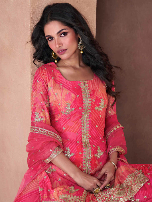 Embroidered Sequin Chinnon Silk Kurta With Palazzo And Dupatta