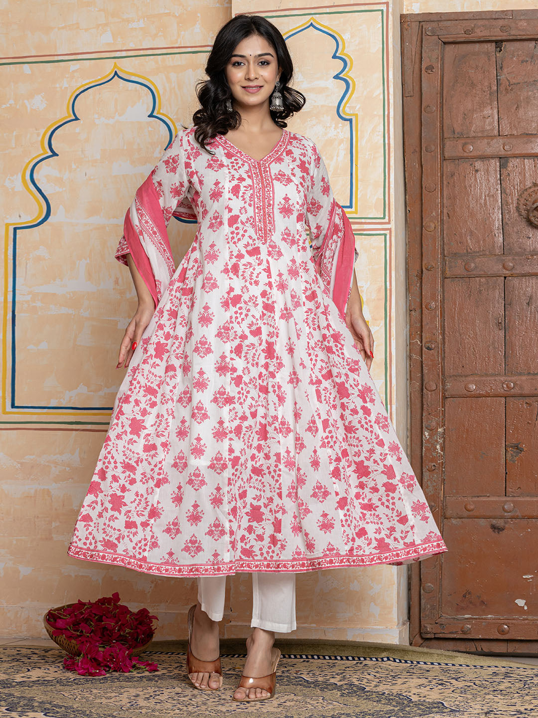Printed Cotton Blend Kurta With Pants & Dupatta