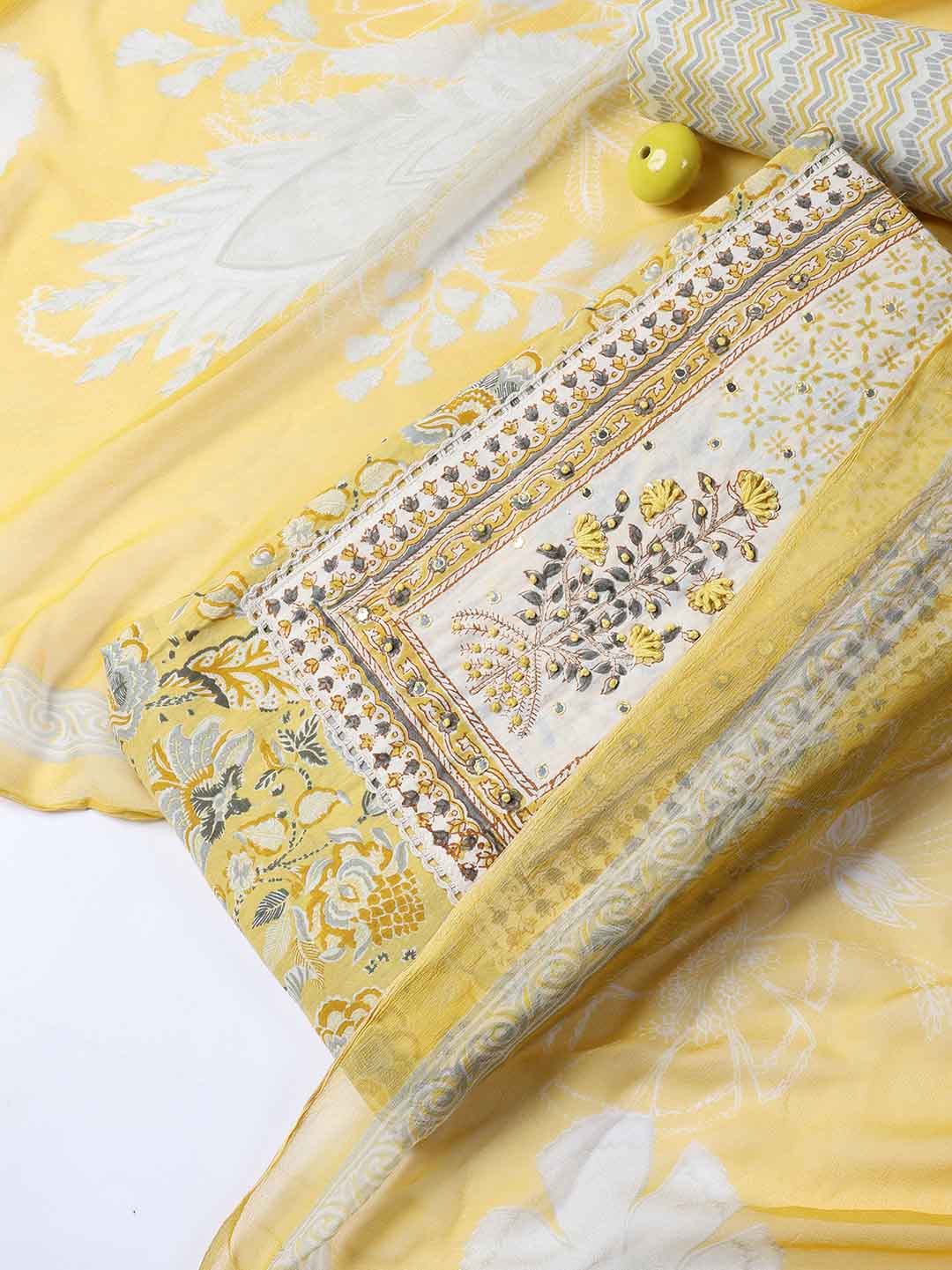 Neck Work Cotton Blend Unstitched Suit With Dupatta