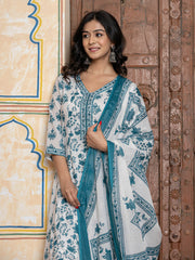 Printed Cotton Blend Kurta With Pants & Dupatta