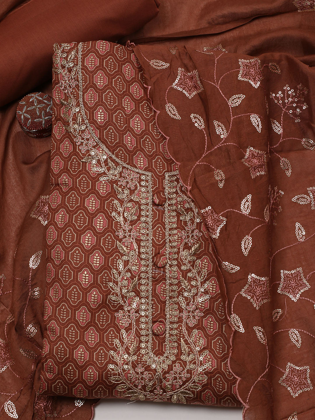 Neck Embroidered Cotton Blend Unstitched Suit Piece With Dupatta