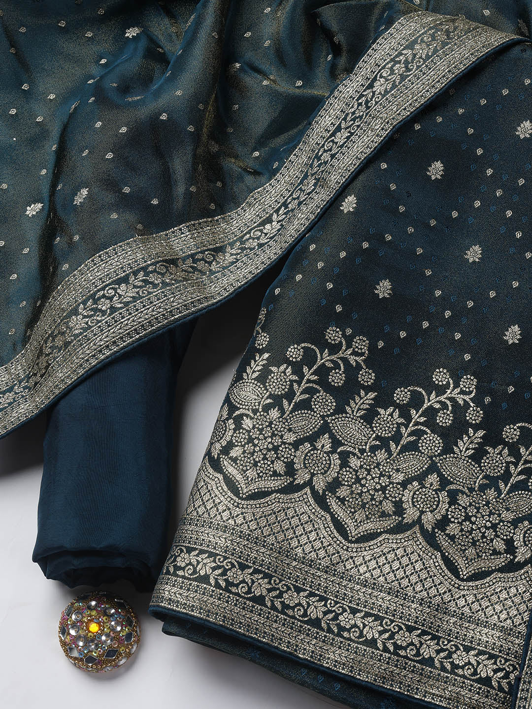 Embroidered Art Silk Unstitched Suit Piece With Dupatta