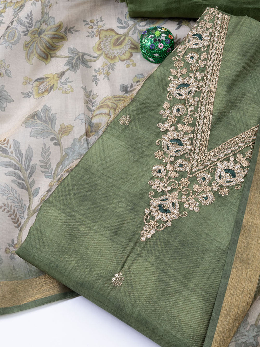 Neck Embroidered Chanderi Unstitched Suit With Dupatta