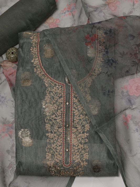 Neck Embroidered Chanderi Unstitched Suit Piece With Dupatta