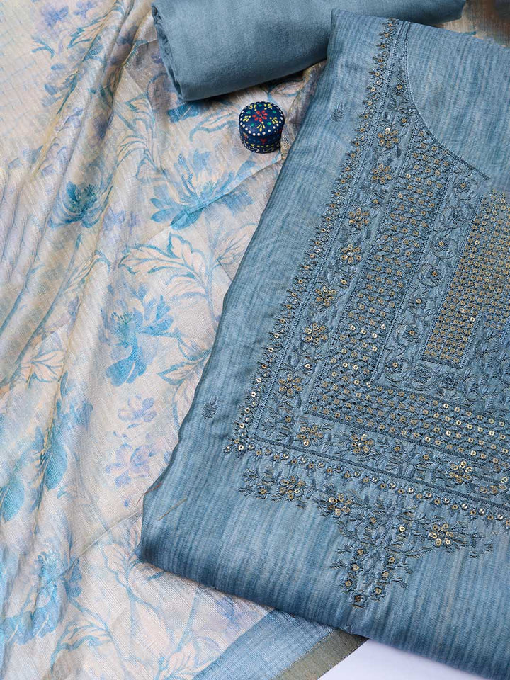 Neck Embroidered Chanderi Unstitched Suit With Dupatta