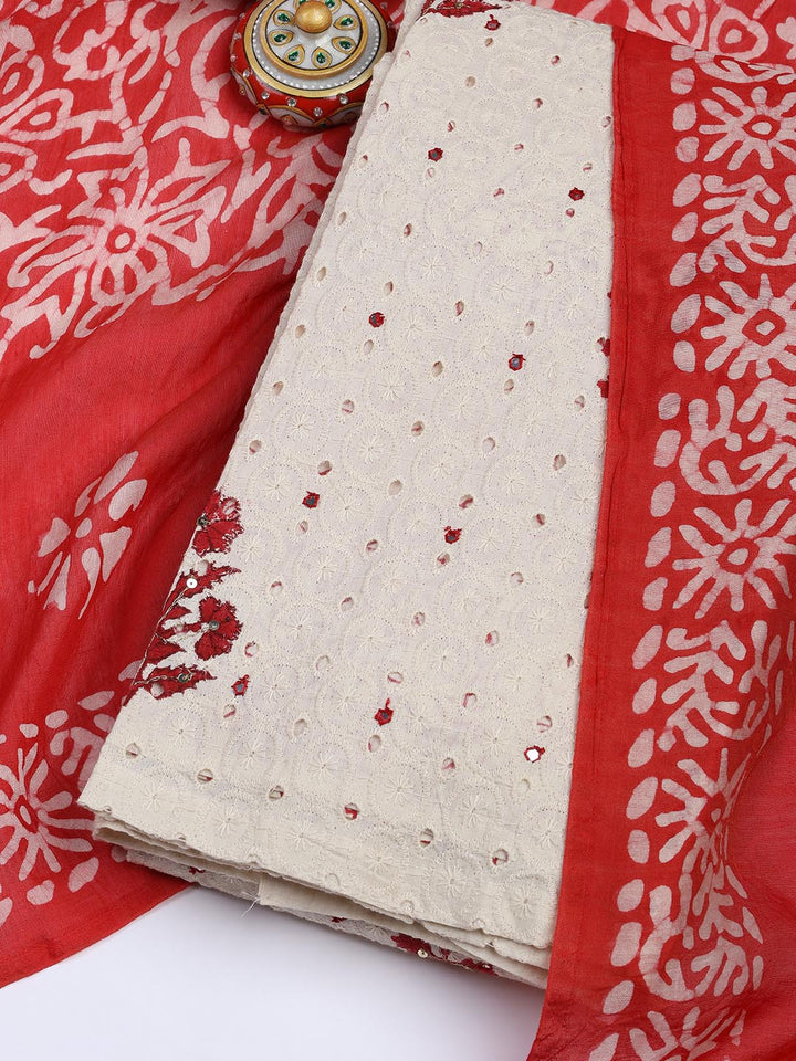 Schiffli Embroidery Cotton Blend Unstitched Suit With Dupatta