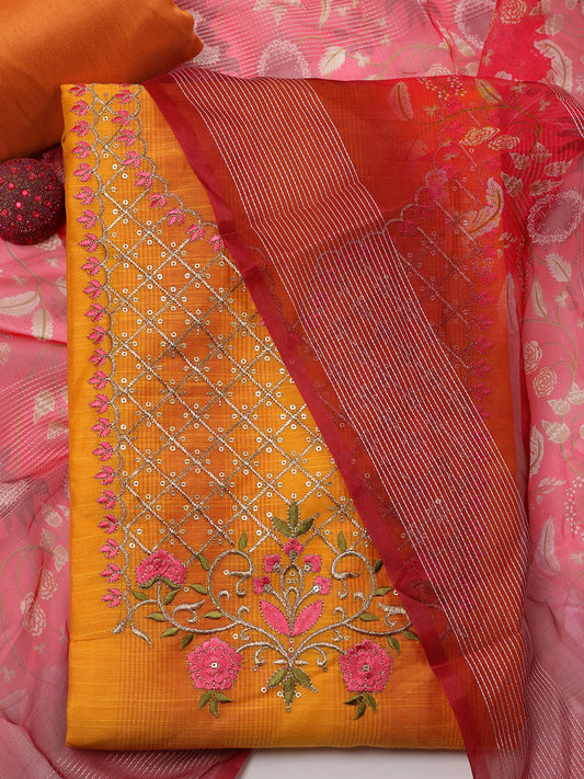 Neck Embroidery & Woven Chanderi Unstitched Suit Piece With Dupatta