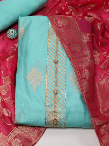 Neck Patti Chanderi Unstitched Suit With Dupatta