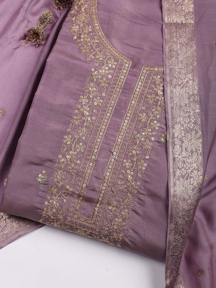 Neck Embroidered Chanderi Unstitched Suit With Dupatta