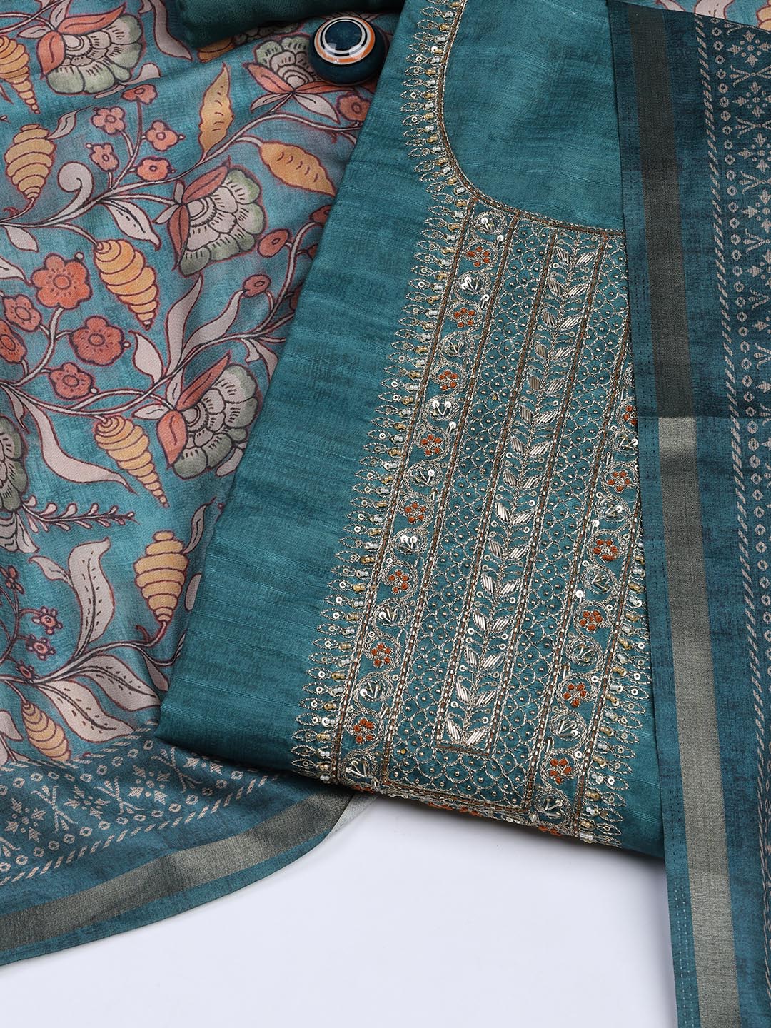 Neck Embroidery Art Tussar Unstitched Suit With Dupatta