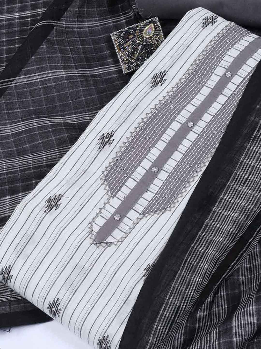 Thread Embroidery Cotton Blend Unstitched Suit With Dupatta