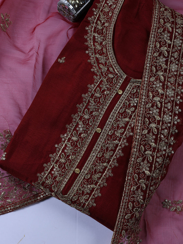 Neck Embroidered Chanderi Unstitched Suit With Dupatta