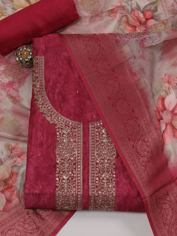 Neck Embroidered Chanderi Unstitched Suit Piece With Dupatta