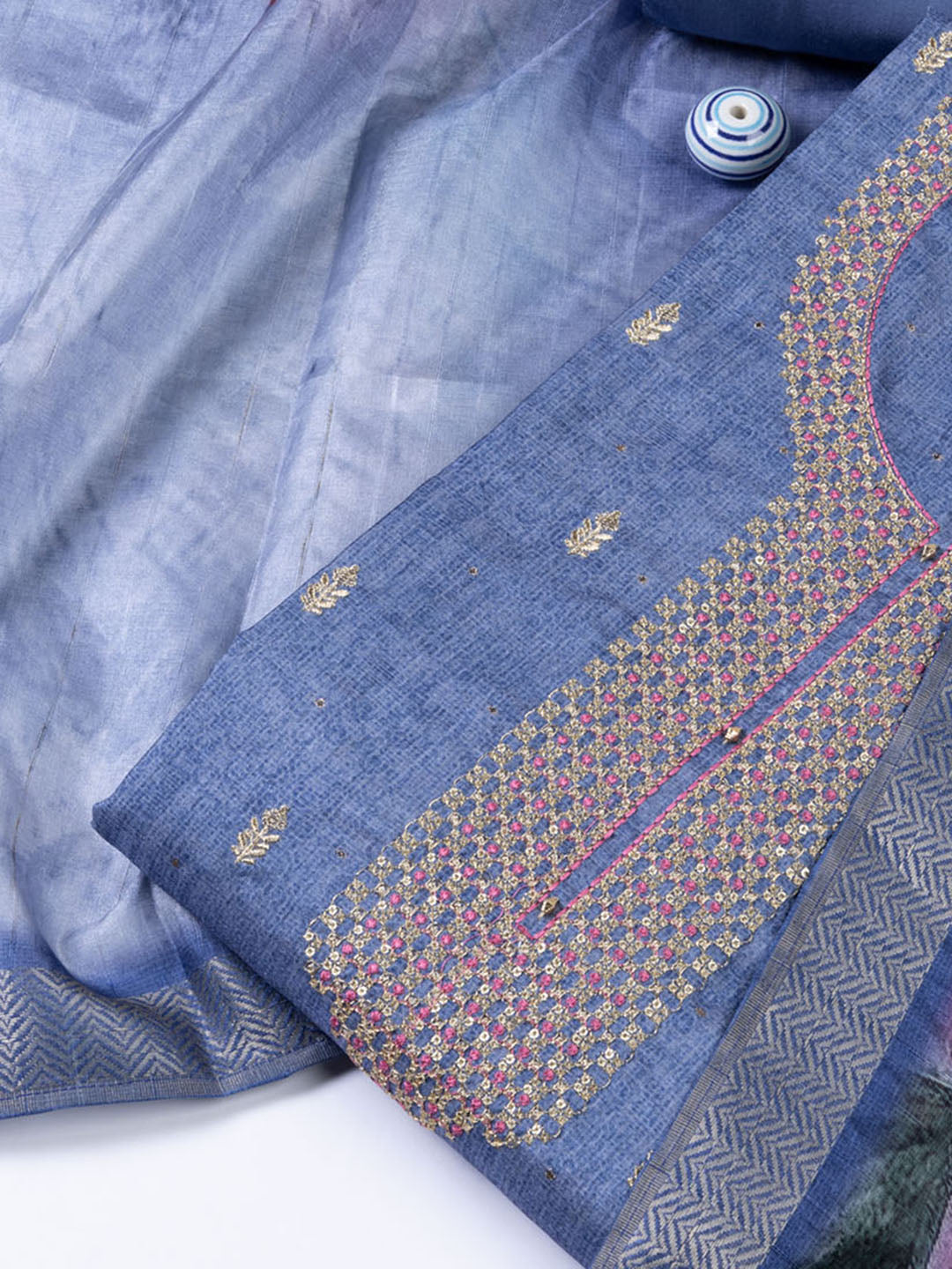 Neck Embroidered Tussar Unstitched Suit With Dupatta