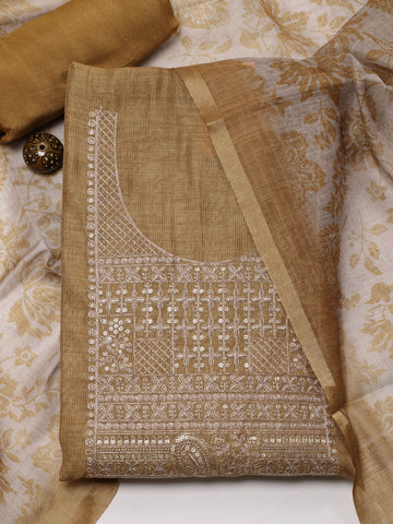 Neck Embroidery Chanderi Unstitched Suit With Dupatta