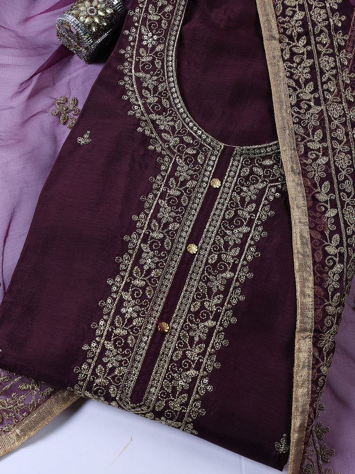 Neck Embroidered Chanderi Unstitched Suit With Dupatta