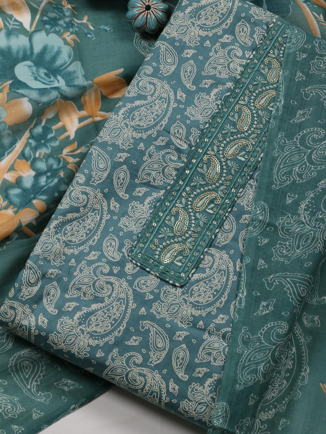Printed Cotton Blend Unstitched Suit Piece With Dupatta