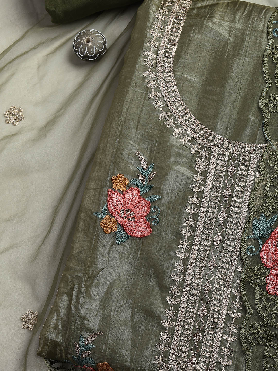 Neck Embroidery Organza Unstitched Suit Piece With Dupatta