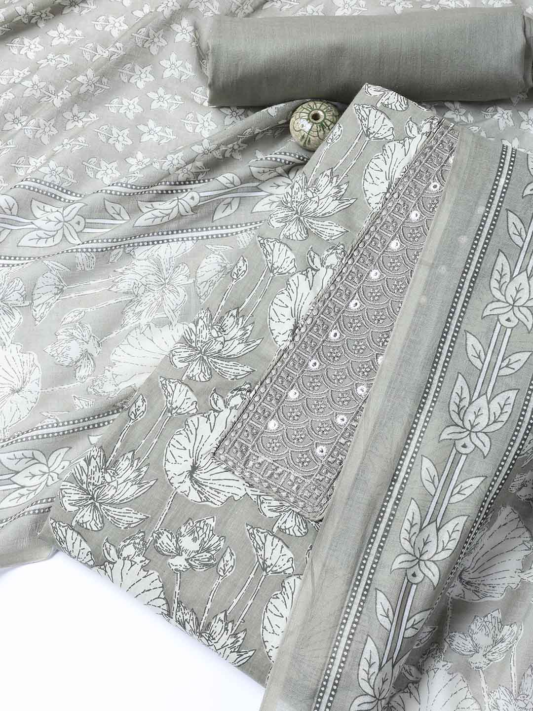 Neck Woek Cotton Blend Unstitched Suit With Dupatta
