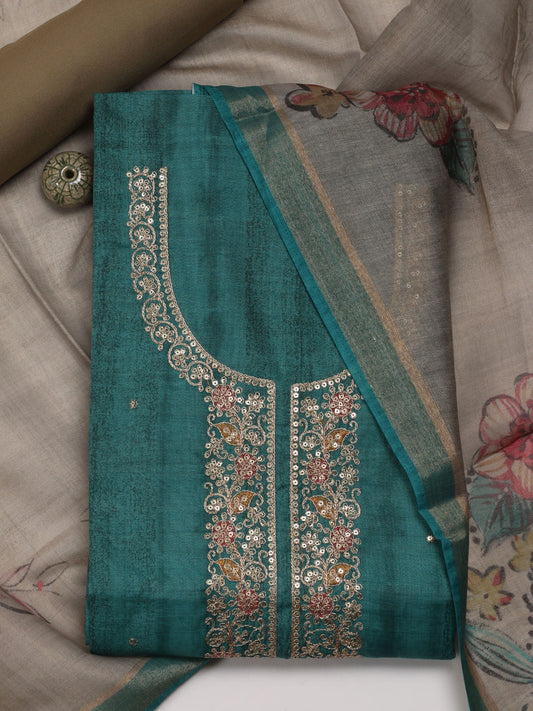 Neck Embroidered Cotton Blend Unstitched Suit Piece With Dupatta