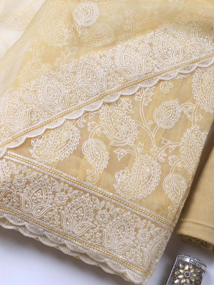 Thread Embroidery Organza Unstitched Suit Piece With Dupatta